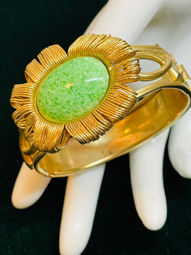Gold and Green Flower Clamper Bracelet
